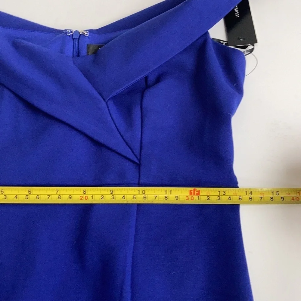 Lulu’s Classic Glam blue off-the-shoulder zip back leg slit body con dress